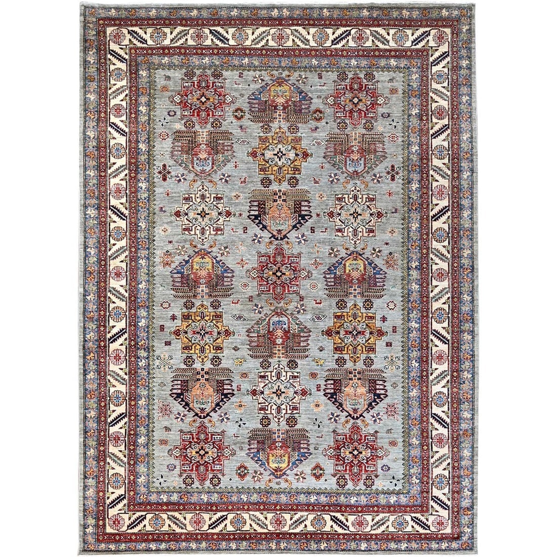 Suppernova Gray All Wool Afghan Super Kazak Hand Knotted Oriental Rug: Title: Suppernova Gray All Wool Afghan Super Kazak Hand Knotted Oriental Rug Description:This is a truly genuine one-of-a-kind. It has been Knotted for months and months in the centuries-old weaving c