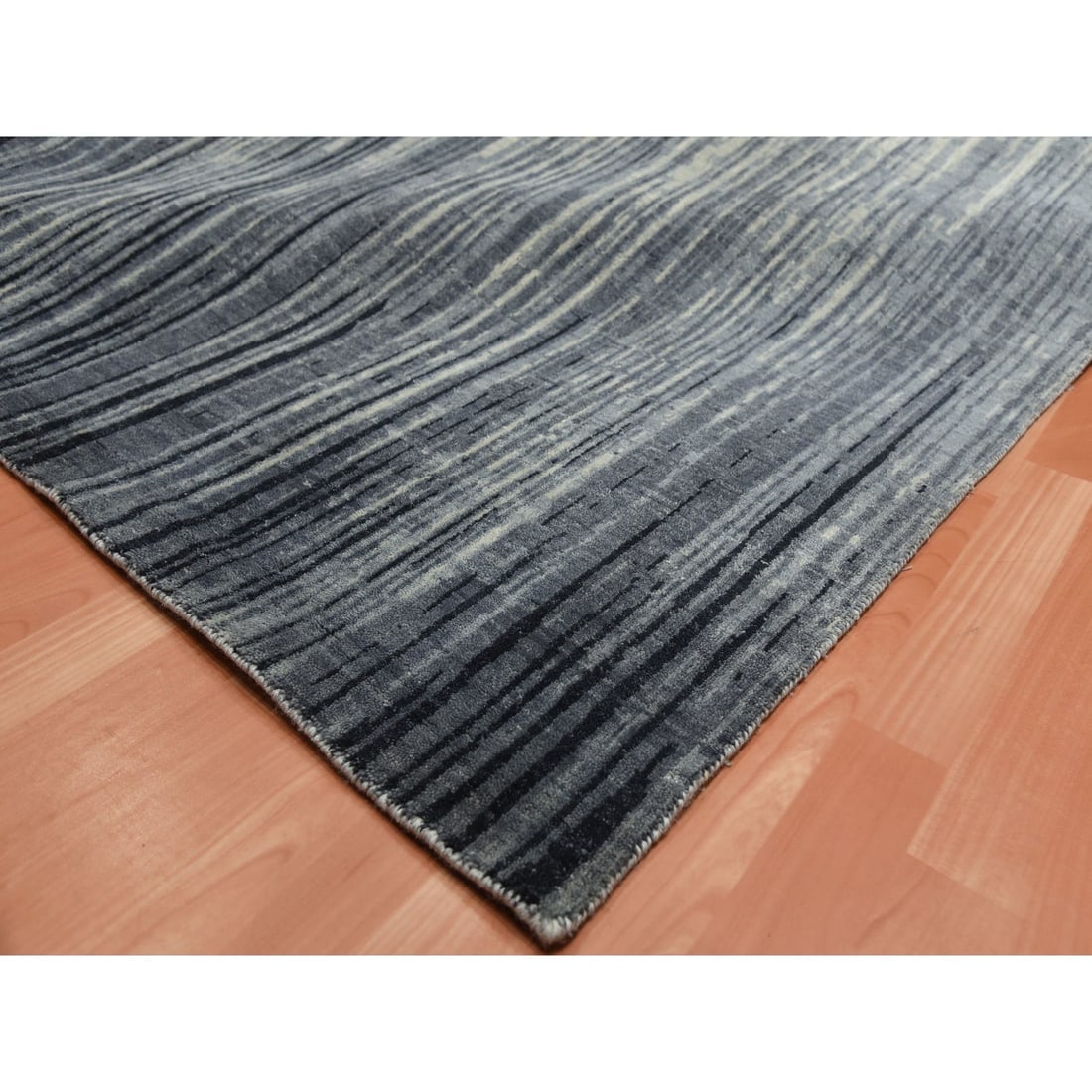 Gray and Black, Pure Wool, Hand Knotted Modern Ombre Design Rug - 7