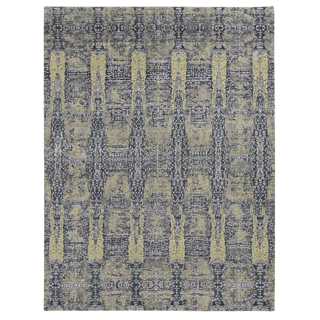 Butter Yellow, Wool and Silk, Transitional Design, Hand Knotted, Rug: Title: Butter Yellow, Wool and Silk, Transitional Design, Hand Knotted, RugDescription:This is a truly genuine one-of-a-kind. It has been Knotted for months and months in the centuries-old weaving