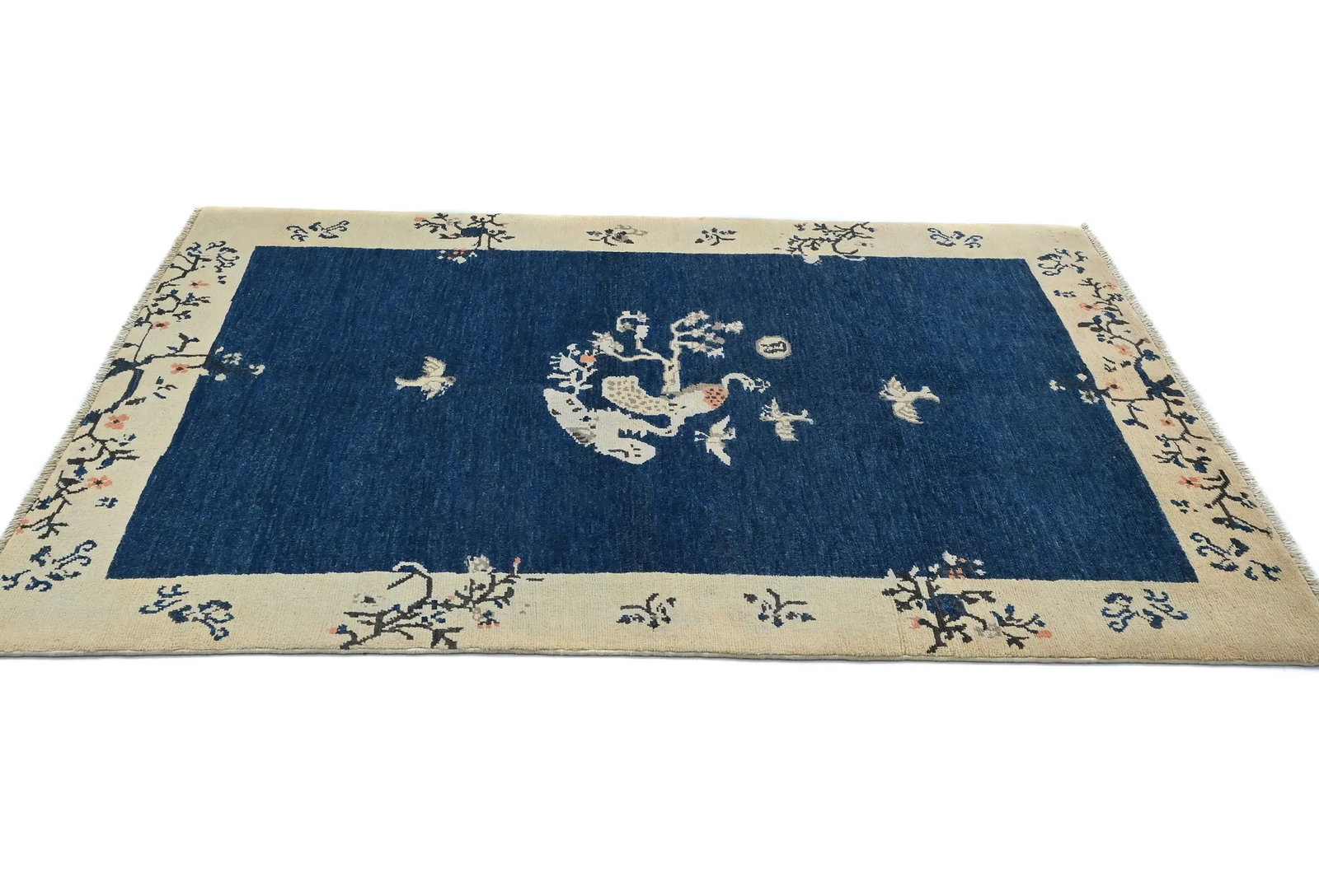 Navy Blue Bordered Modern 4X6 Kazak Oushak Pakistan Rug - 7