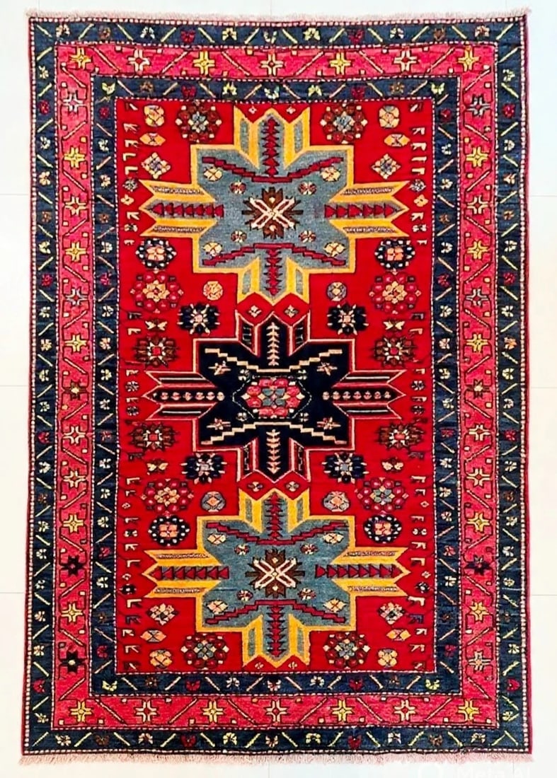 Hand Knotted Karabagh Tribal Wool Red Caucasian Oriental Rug 4'4" x 7" (1 of 10)