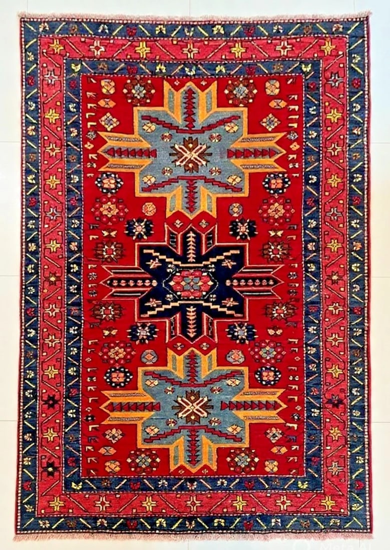 Hand Knotted Karabagh Tribal Wool Red Caucasian Oriental Rug 4'4" x 7" - 4