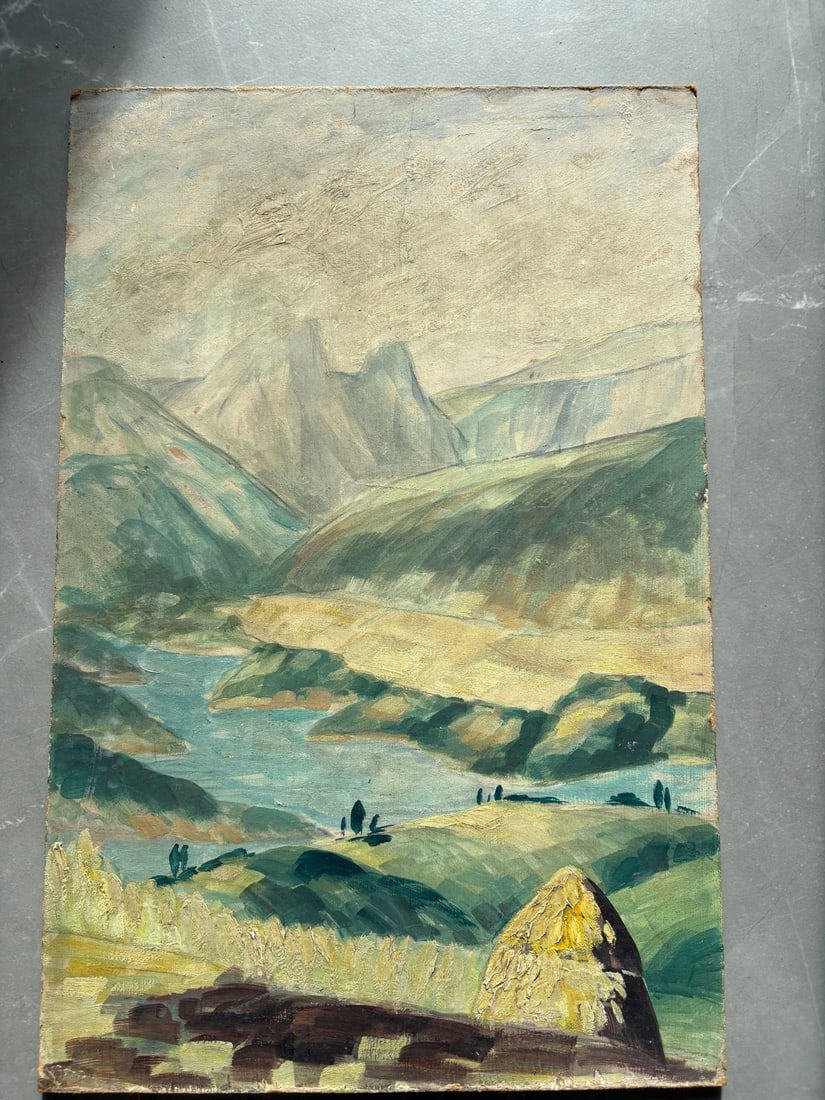 Landscape, Nature, River, Mountain, Spring Painting Antique Original Signed - 2