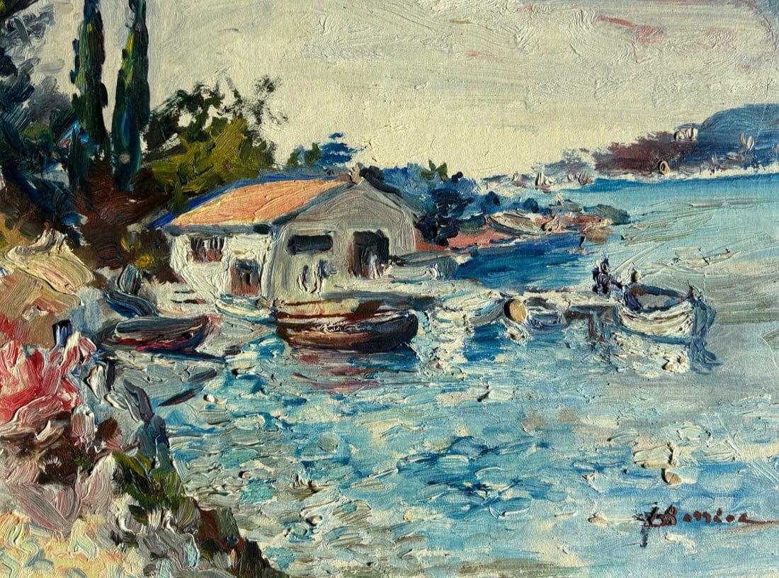 Antique Original Painting Signed Landscape, Maritime, Boats, House, Lake, Trees: Title: Antique Original Painting Signed Landscape, Maritime, Boats, House, Lake, Trees Description: Oil on cardboard 35 x 27 cm / 13.77 x 10.62 inches damaged corners Reserve: $125.00 Shipping: Domes