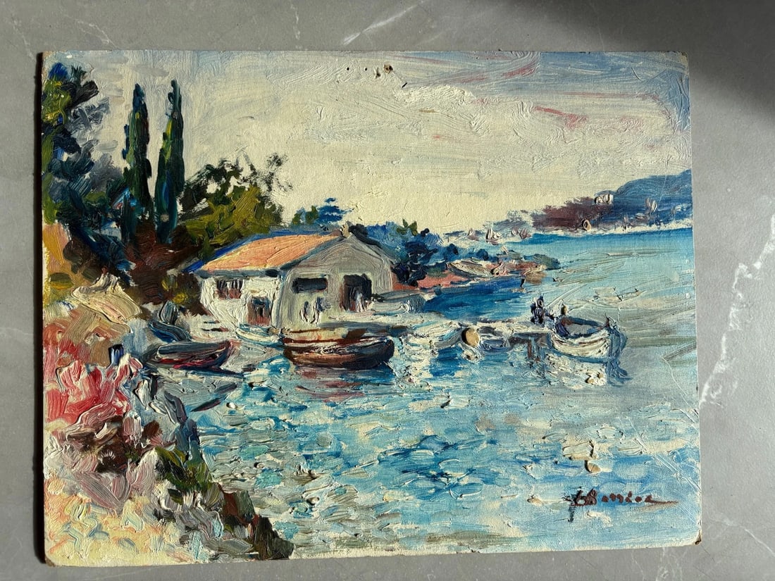 Antique Original Painting Signed Landscape, Maritime, Boats, House, Lake, Trees - 2