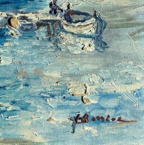 Antique Original Painting Signed Landscape, Maritime, Boats, House, Lake, Trees - 7