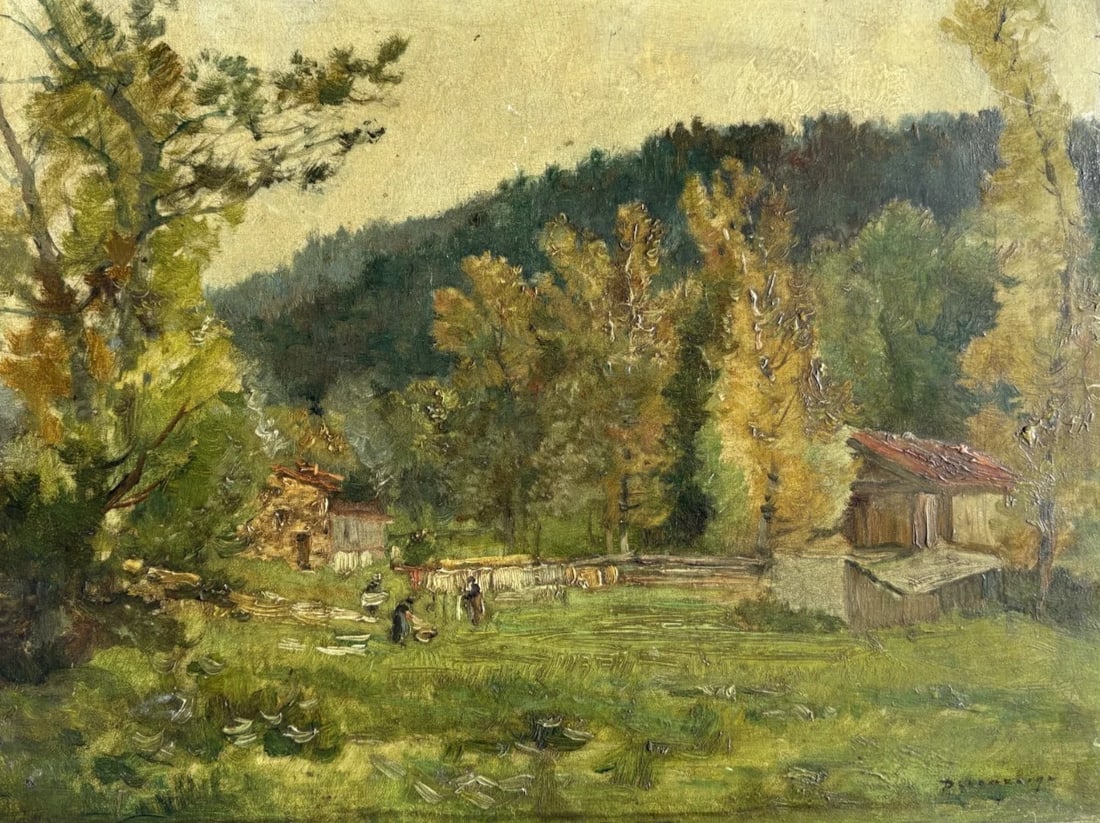 Antique Original Painting Signed Landscape, Trees, Forest, House, Nature: Title: Antique Original Painting Signed Landscape, Trees, Forest, House, Nature Description: Oil on cardboard 26.5 x 35 cm / 10.43 x 13.77 inches signed scratches Reserve: $185.00 Shipping: Domest