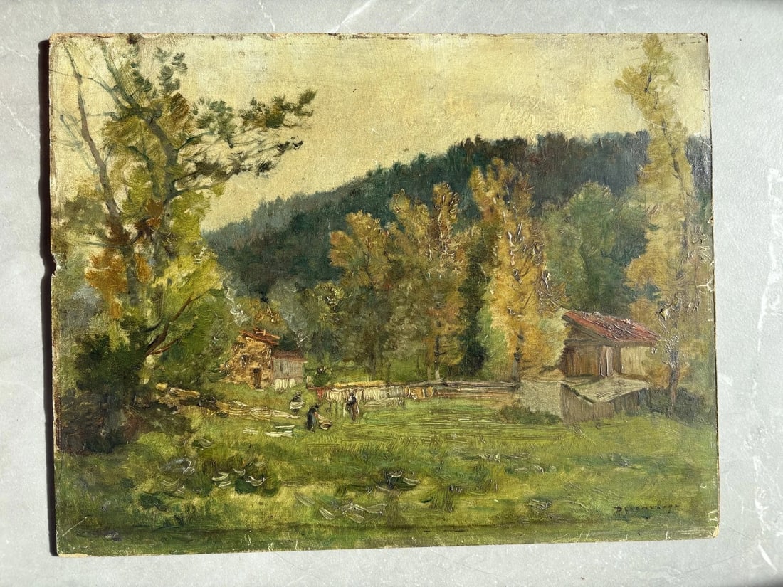 Antique Original Painting Signed Landscape, Trees, Forest, House, Nature - 2