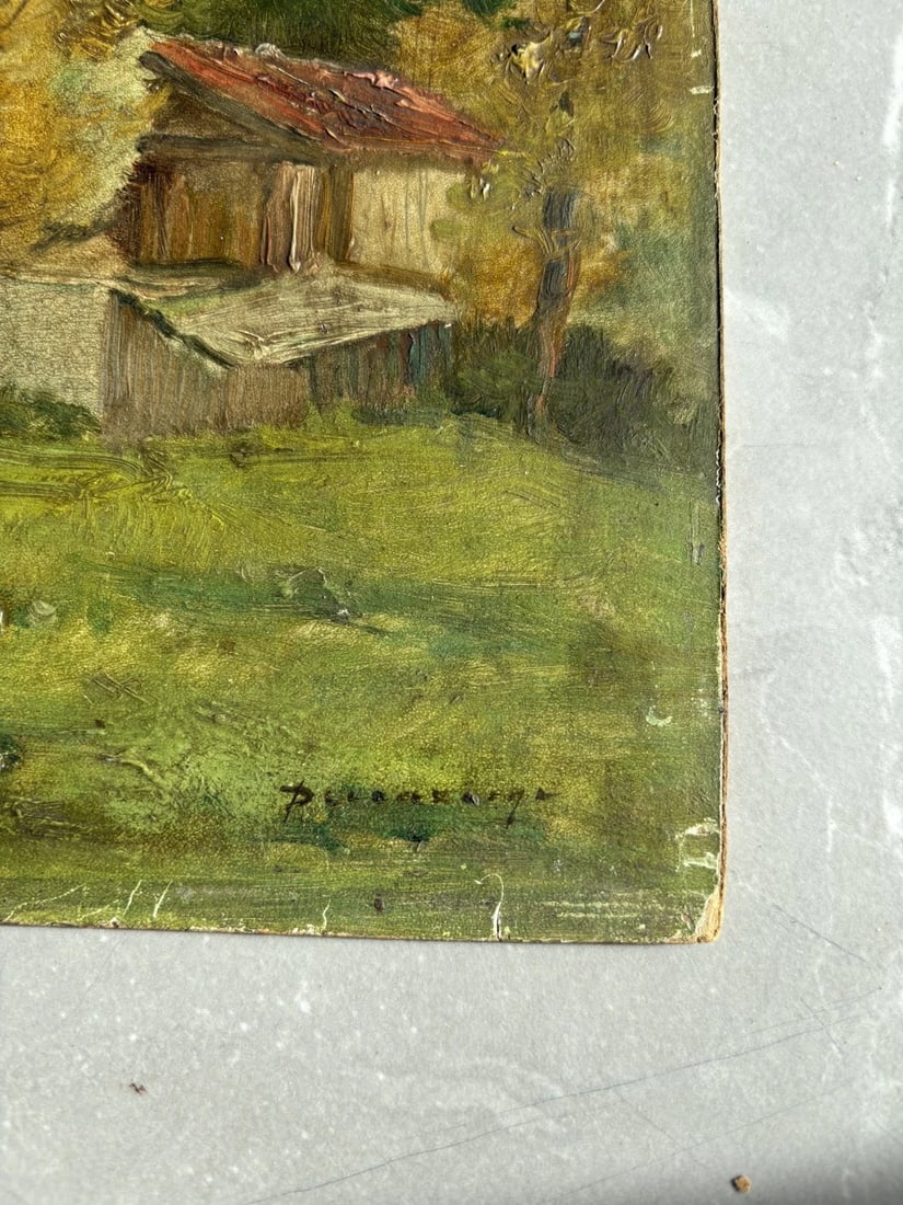 Antique Original Painting Signed Landscape, Trees, Forest, House, Nature - 7