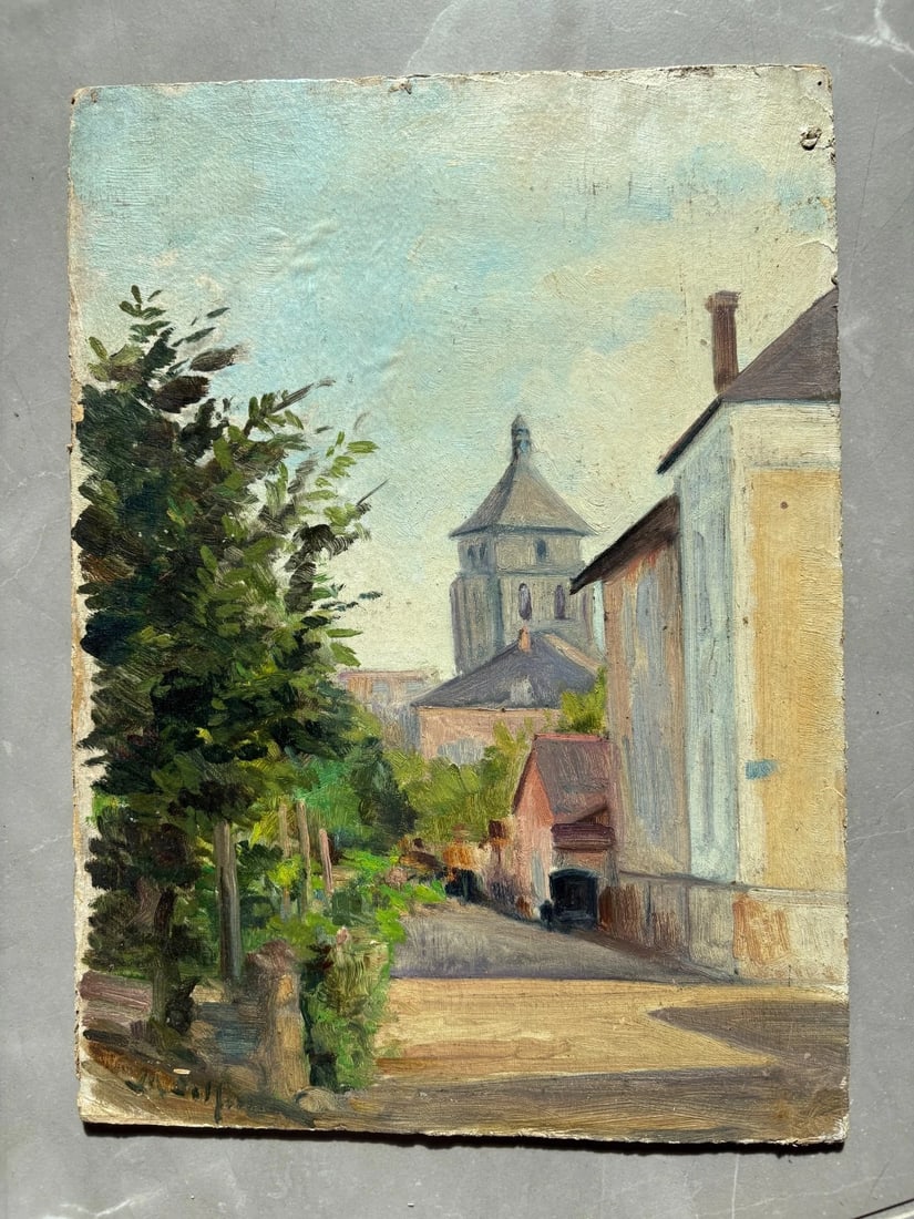 Antique Original Painting Signed Landscape, Cityview, Church, Trees signed - 2