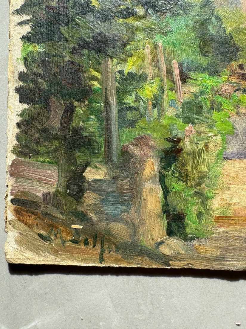 Antique Original Painting Signed Landscape, Cityview, Church, Trees signed - 6