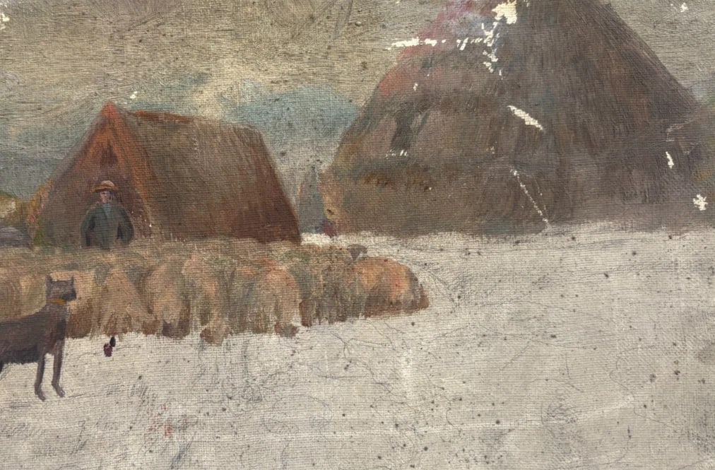 Antique Original Painting Landscape Winter Dog, Sheeps - 6