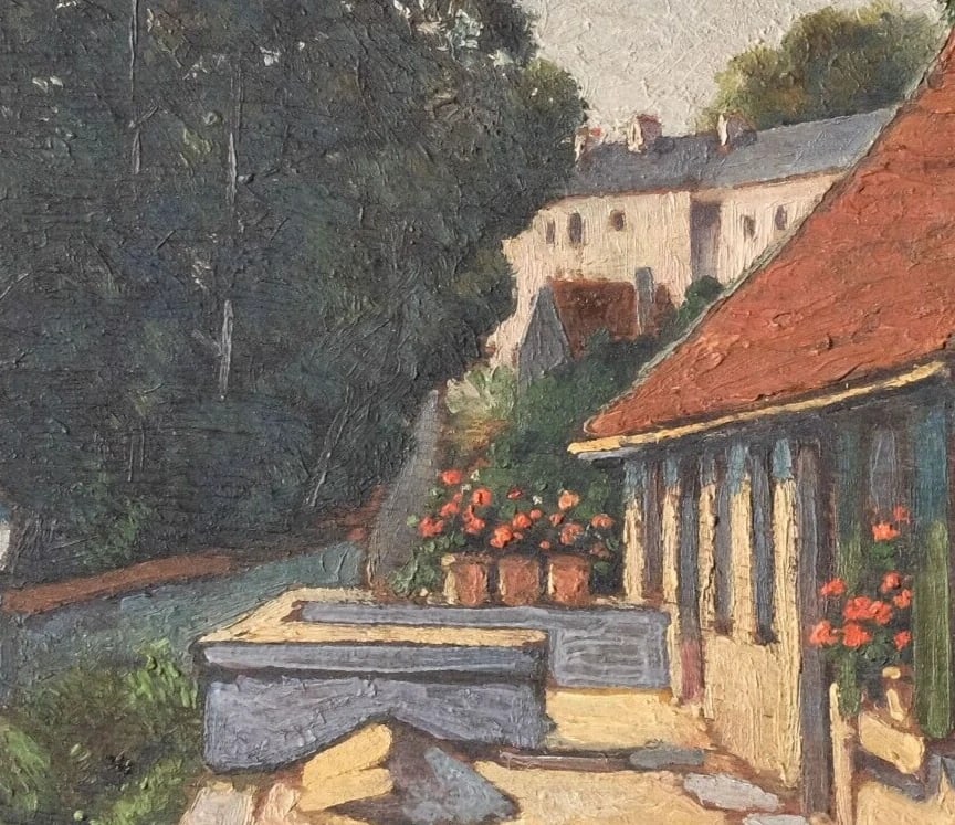 Antique Oil Painting Signed House Landscape, Cityview, Trees - 4