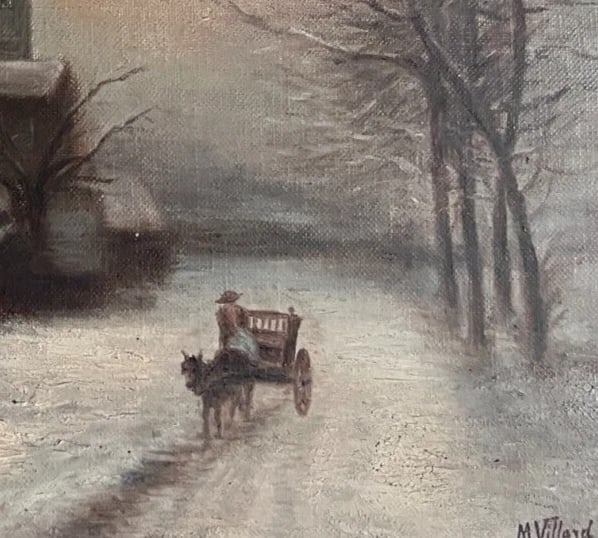 Antique Original Painting Landscape signed Winter Village Horse Landscape - 3