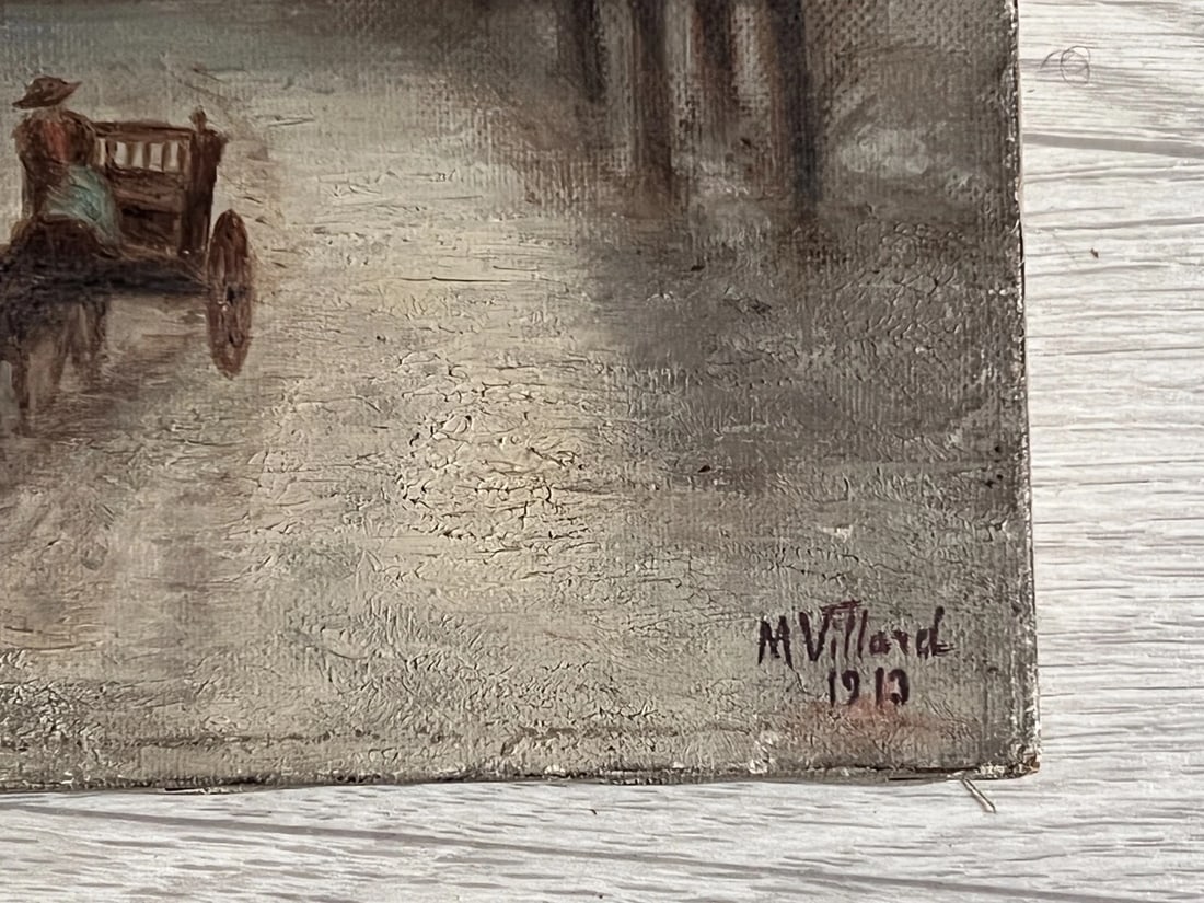 Antique Original Painting Landscape signed Winter Village Horse Landscape - 5