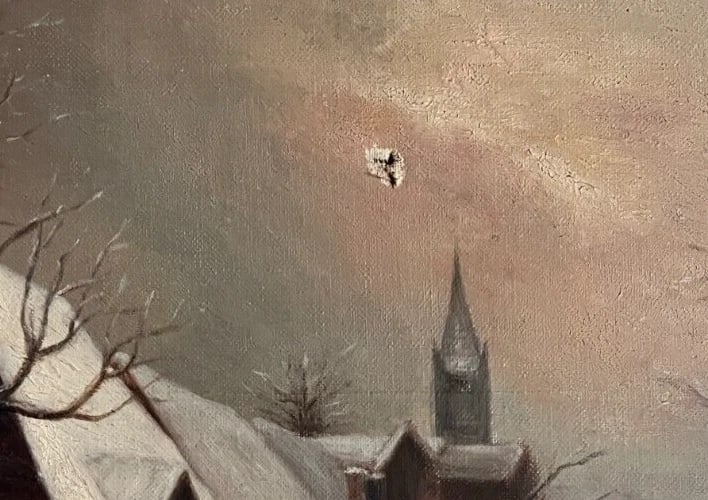 Antique Original Painting Landscape signed Winter Village Horse Landscape - 6