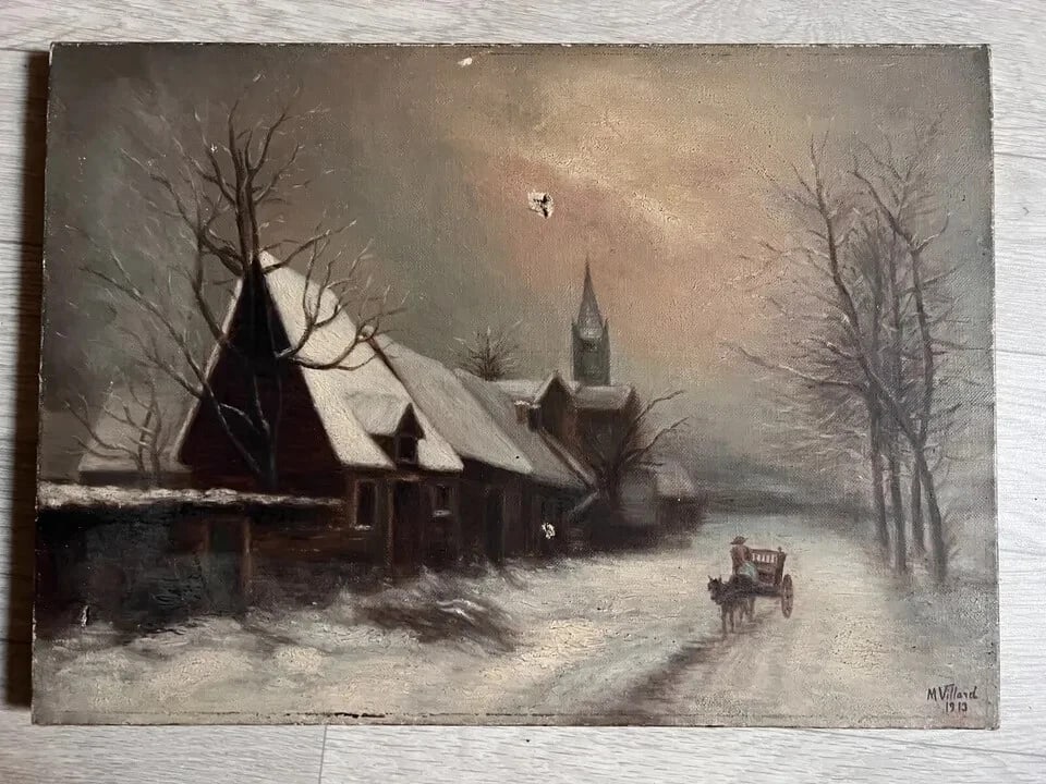 Antique Original Painting Landscape signed Winter Village Horse Landscape - 7