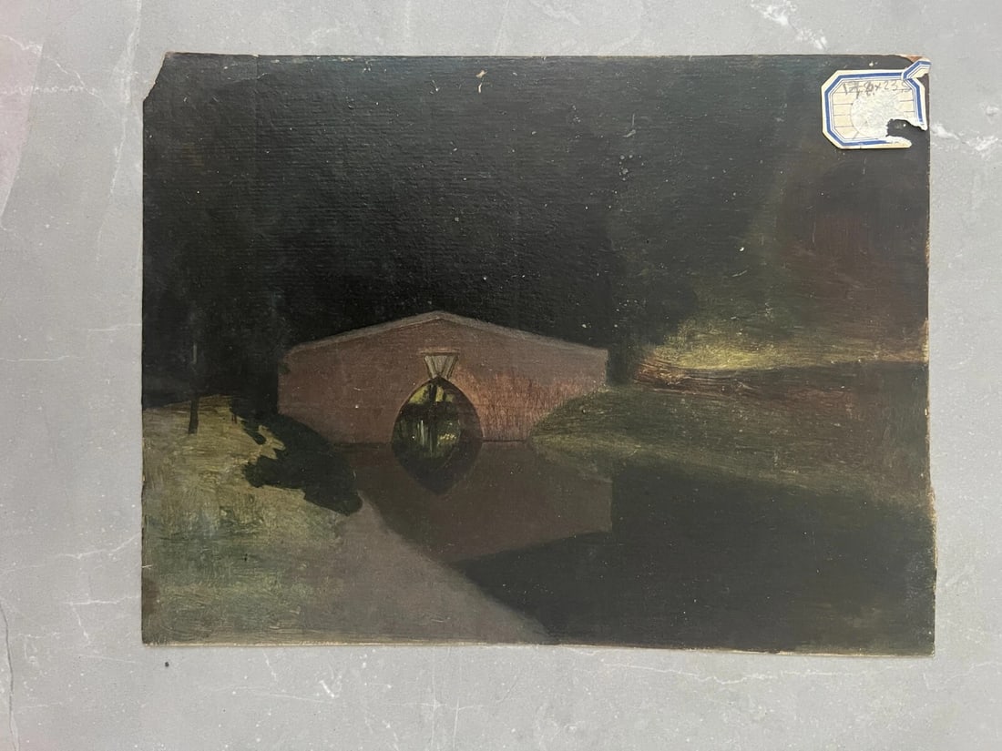 19th century Landscape, Bridge, Tree, River Painting Antique Original - 2