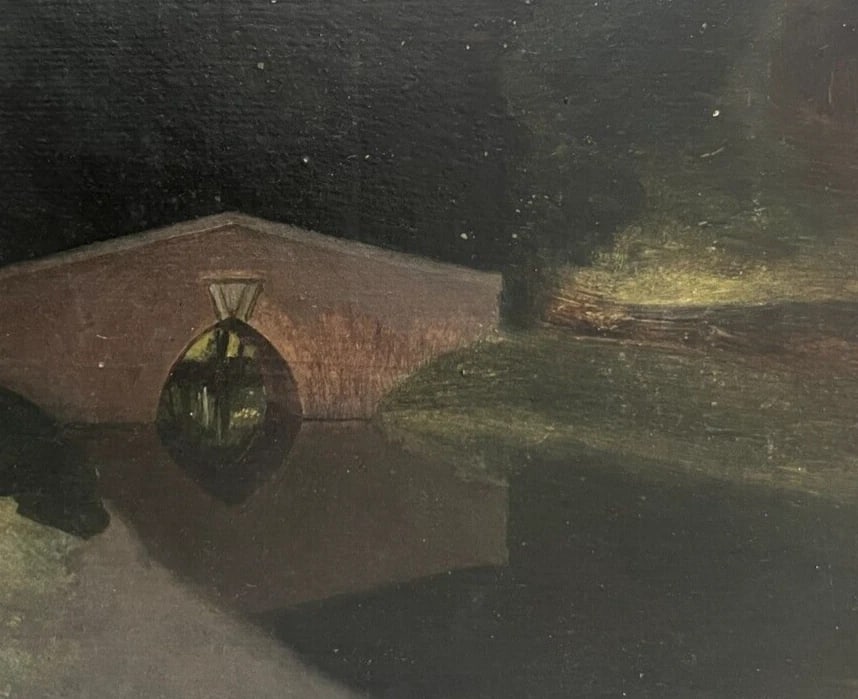 19th century Landscape, Bridge, Tree, River Painting Antique Original - 5