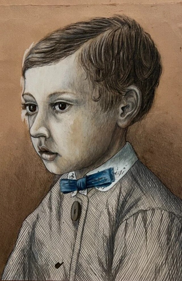 Antique Drawing Ink Original Boy, Portrait, Child 1870 19th century: Title: Antique Drawing Ink Original Boy, Portrait, Child 1870 19th century Description: Ink on paper 42 x 31 cm stains, laminated on paper Reserve: $200.00 Shipping: Domestic: Flat-rate of