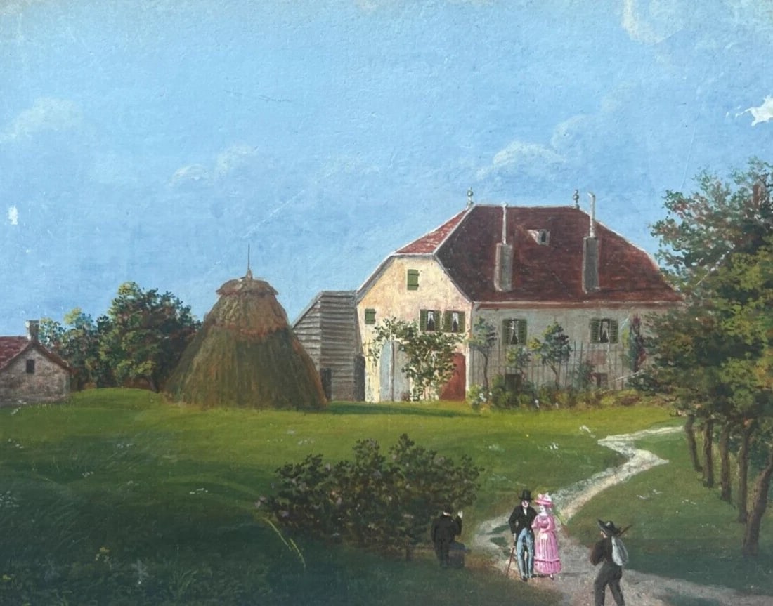 Antique Original Drawing Landscape, House, People, Countryside 19th century: Title: Antique Original Drawing Landscape, House, People, Countryside 19th century Description: Gouache on paper 14.5 x 20 cm stains, folds Reserve: $150.00 Shipping: Domestic: Flat-rate of