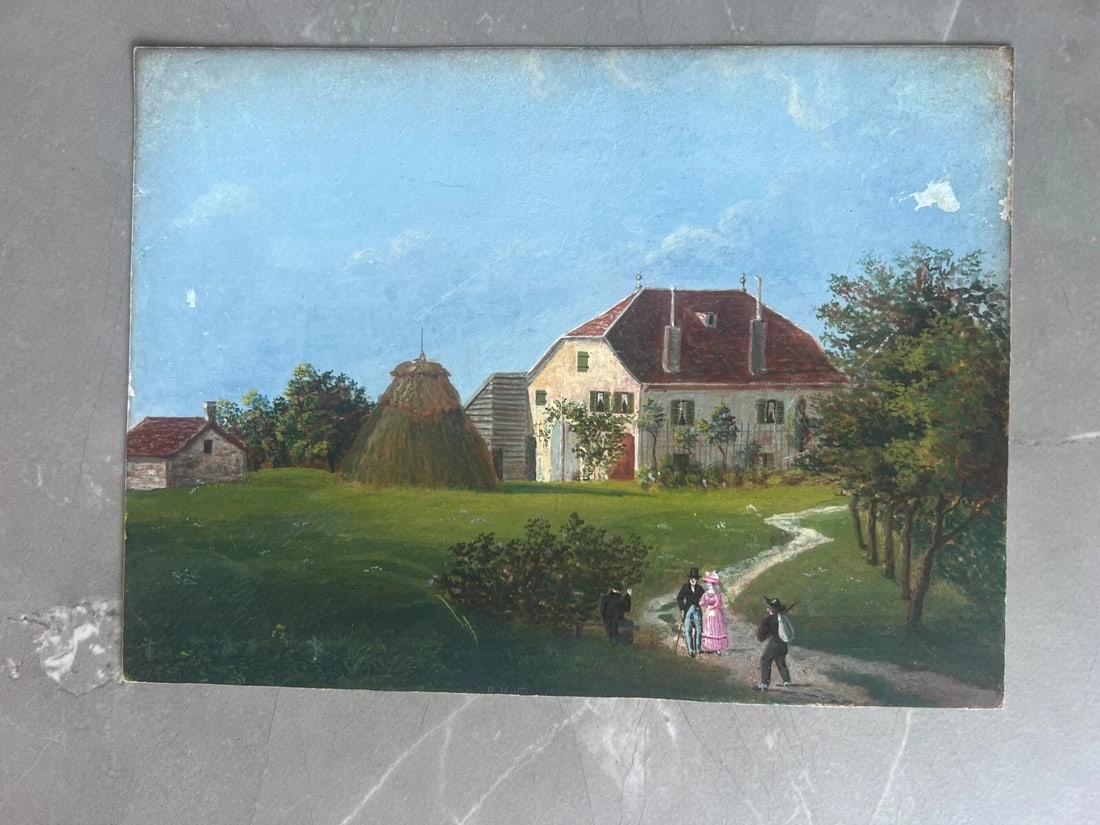 Antique Original Drawing Landscape, House, People, Countryside 19th century - 7