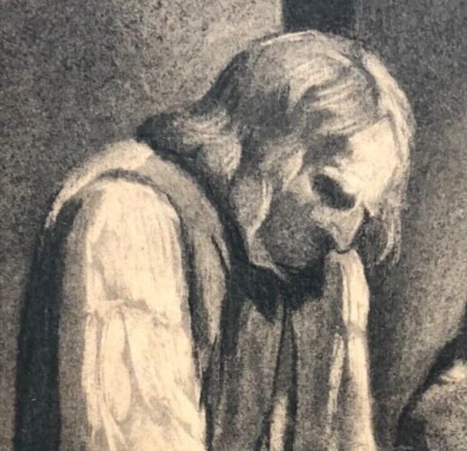 19th century Praying Man, Child Drawing Antique Charcoal Old - 2