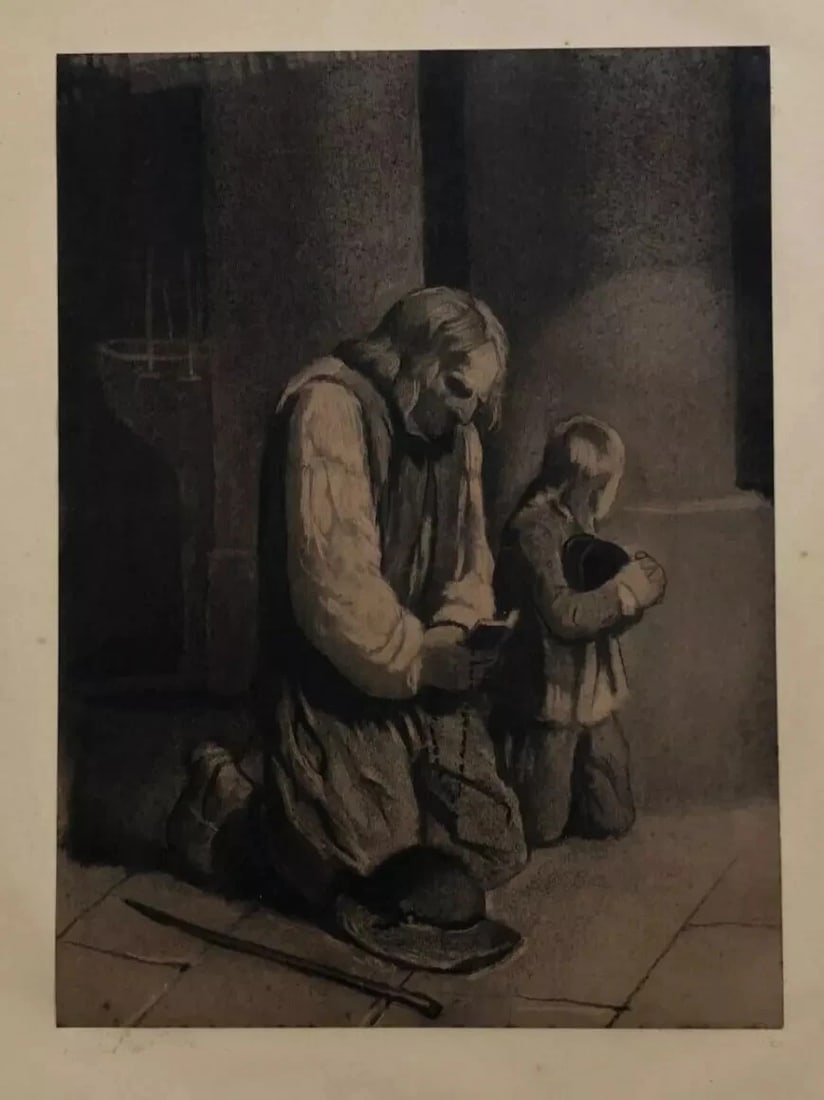 19th century Praying Man, Child Drawing Antique Charcoal Old - 7
