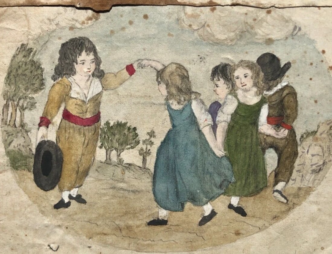 Original Antique Pencil 19th century Drawing Children, People Dancing Artwork - 7