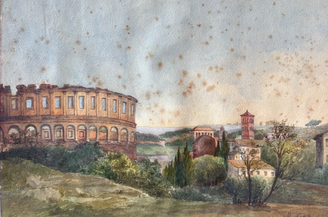 Antique Oil Original Painting signed Italian Landscape, Coliseum: Title: Antique Oil Original Painting signed Italian Landscape, Coliseum Description: Watercolor on paper 31.5 x 22.5 cm stains Reserve: $180.00 Shipping: Domestic: Flat-rate of $29 to anywh