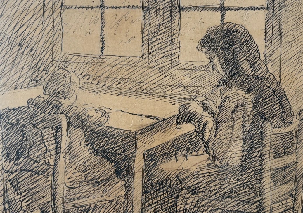 Vintage Original Old Drawing People, Kids, Child Teaching Lesson: Title: Vintage Original Old Drawing People, Kids, Child Teaching Lesson Description: Ink on paper 18 x 25.5 cm folds, stains signed Reserve: $200.00 Shipping: Domestic: Flat-rate of $29