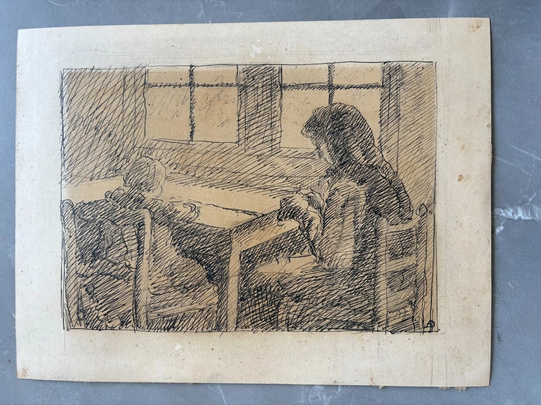 Vintage Original Old Drawing People, Kids, Child Teaching Lesson - 2