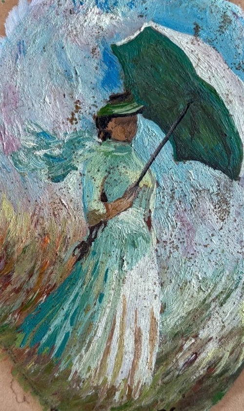 Antique Oil Painting signed Woman Portrait with Umbrella: Title: Antique Oil Painting signed Woman Portrait with Umbrella Description: Oil on cardboard signed 15.5 x 10 cm