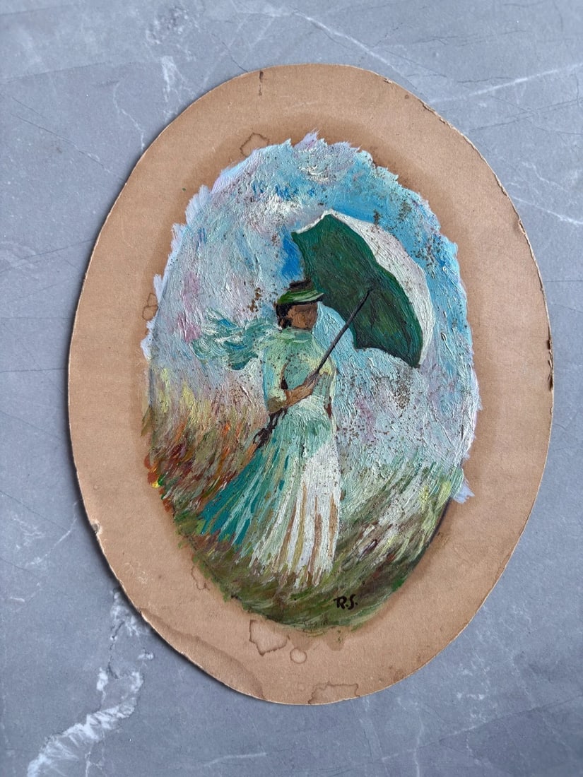 Antique Oil Painting signed Woman Portrait with Umbrella - 2