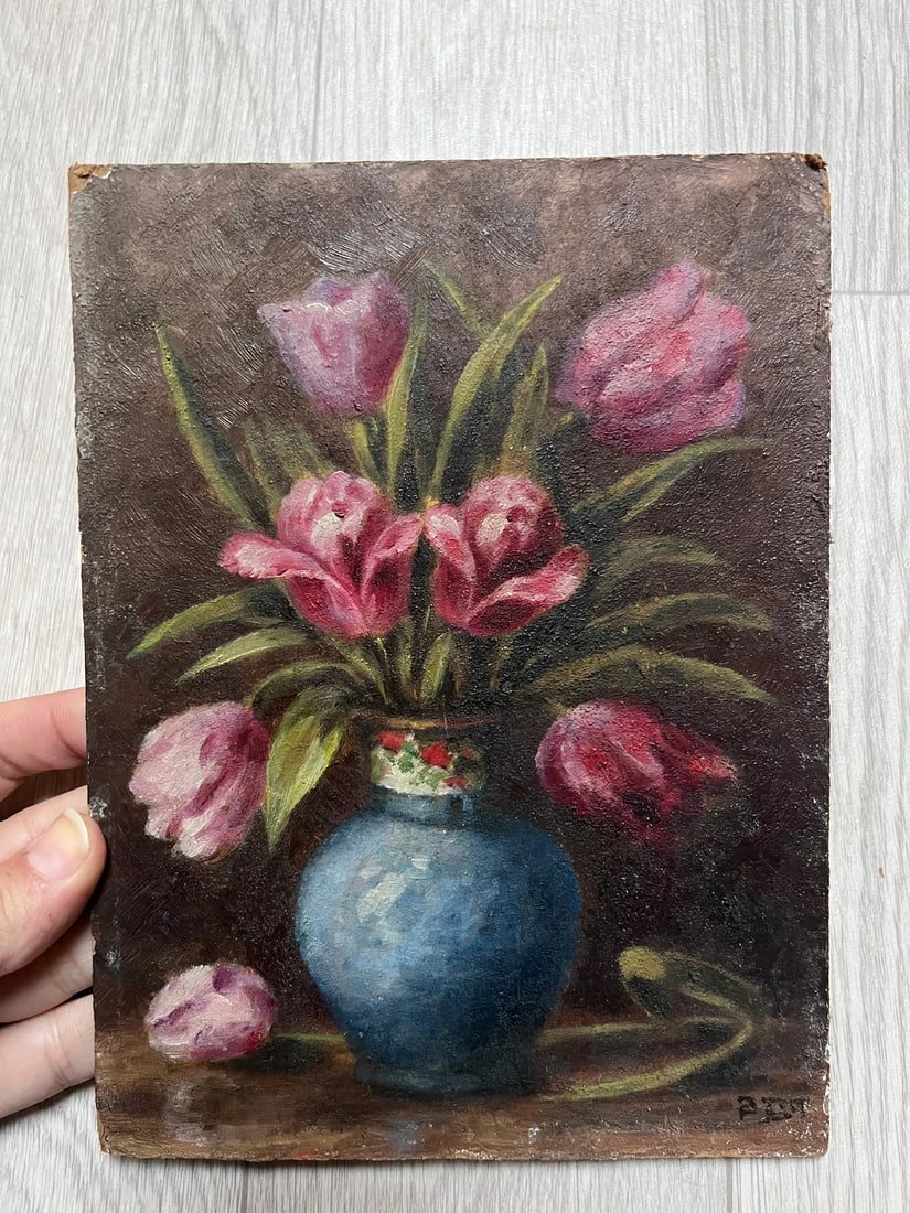 Tulip Bouquet Still Life, Floral, Flowers - Antique Original Painting signed - 2