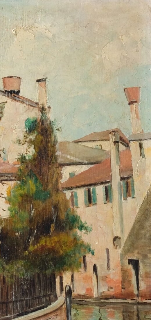 Antique Oil Painting Original Signed MARIN Landscape, Village, House, Canal - 3