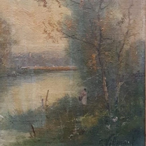 Woman in a Forest Tree Landscape - Antique Original Painting - 3