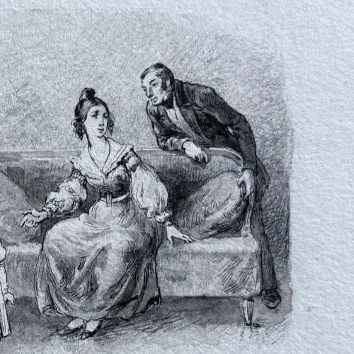 Antique Pencil Drawing 19th century Original Family, Children, Portrait - 3