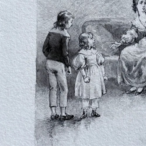 Antique Pencil Drawing 19th century Original Family, Children, Portrait - 5