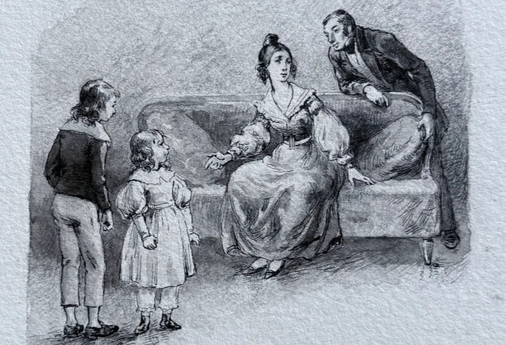 Antique Pencil Drawing 19th century Original Family, Children, Portrait - 6