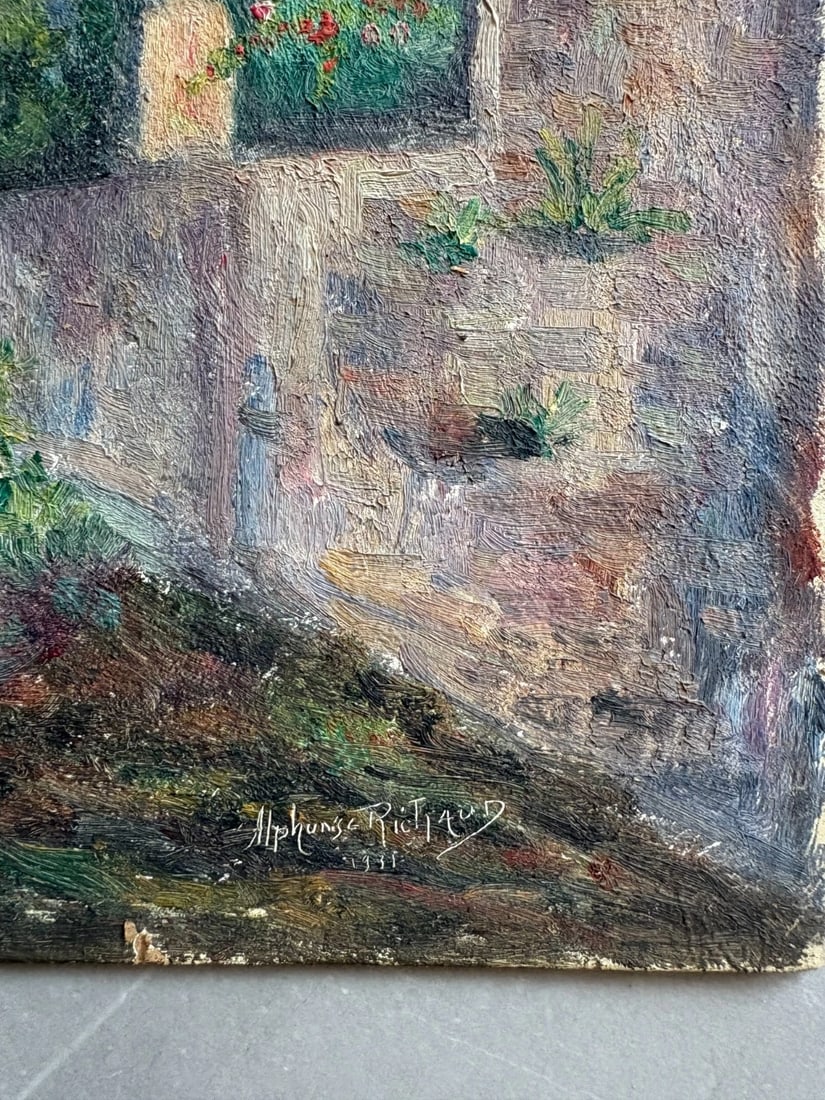 City Town Landscape, Village - Antique Oil Original Painting - 7