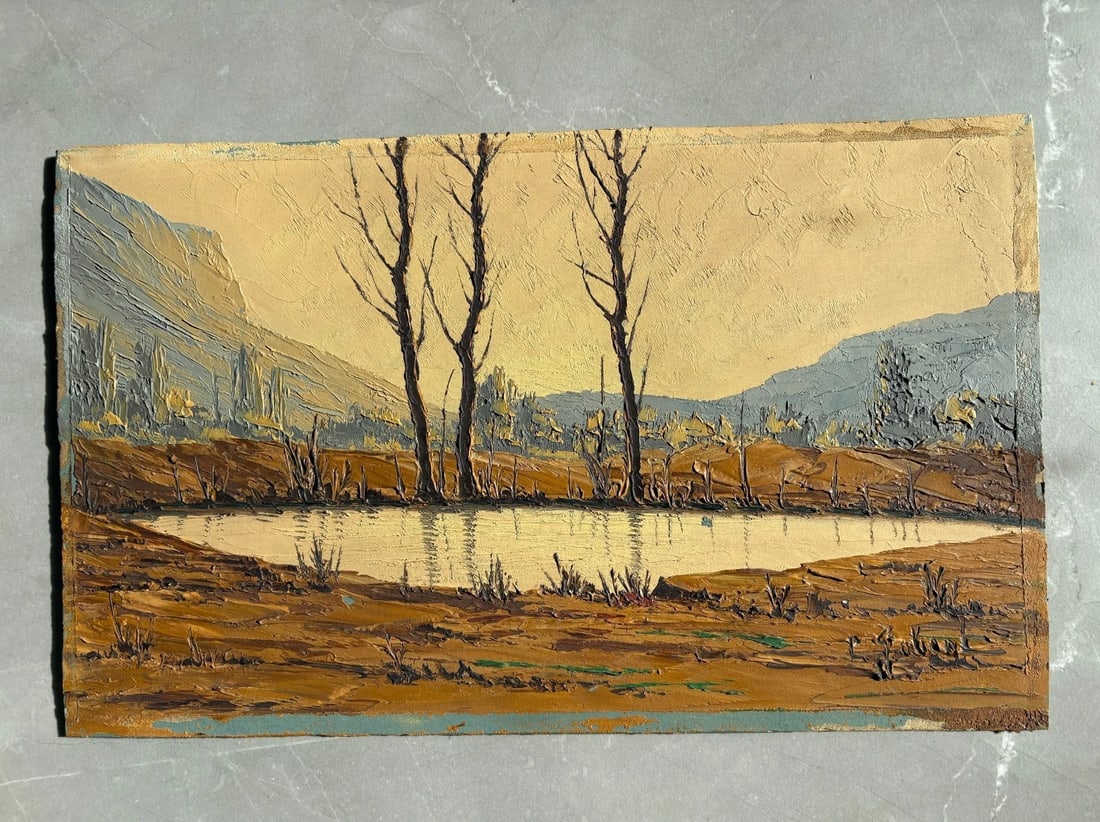 Antique Painting Original Landscape, Lake, Mountain, Trees, Forest, Autumn - 2