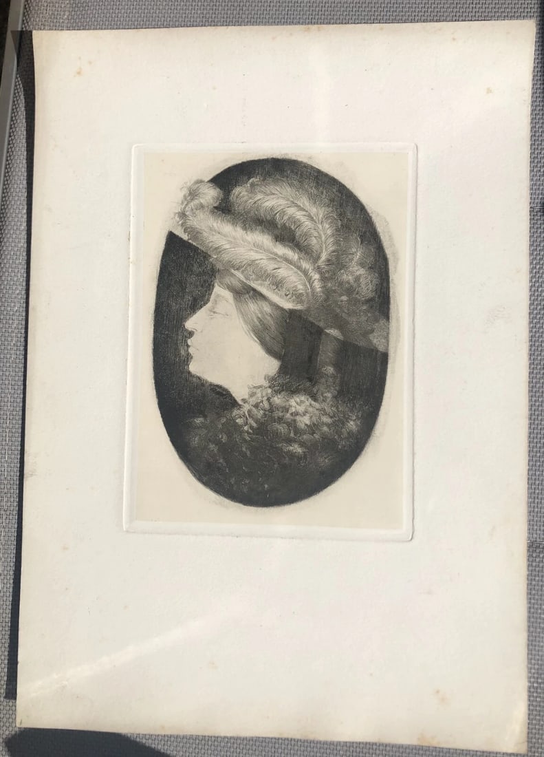 Antique Etching Original Portrait, Woman, Hat, Feather x3 - 5