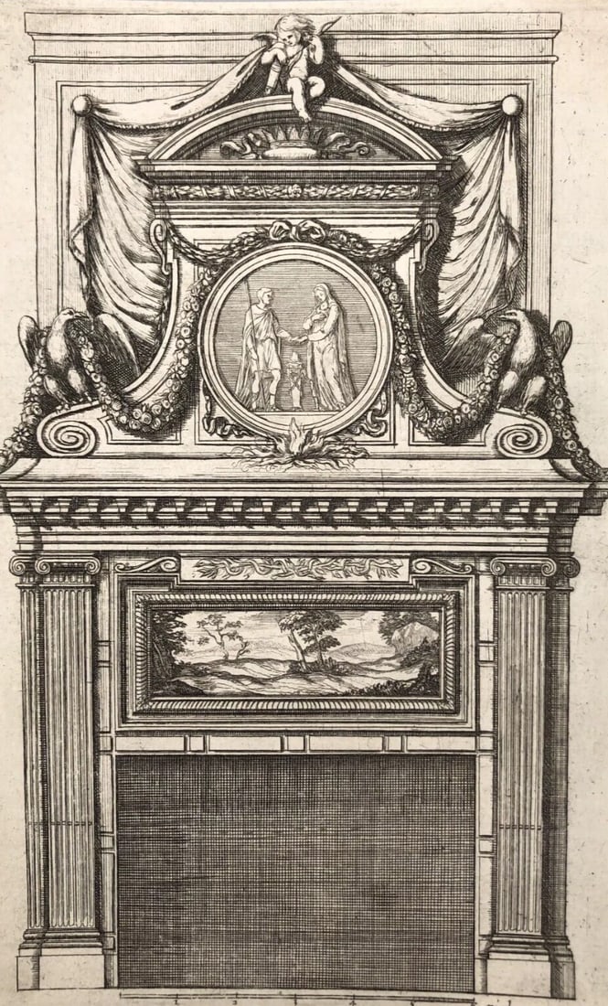 17th century Architecture, Fireplace, Sculptures x4 Etching Original Antique: Title: 17th century Architecture, Fireplace, Sculptures x4 Etching Original Antique Description: Engraving on paper 21 x 14 cm stains, folds, cuts Reserve: $150.00 Shipping: Domestic: Flat-rate&
