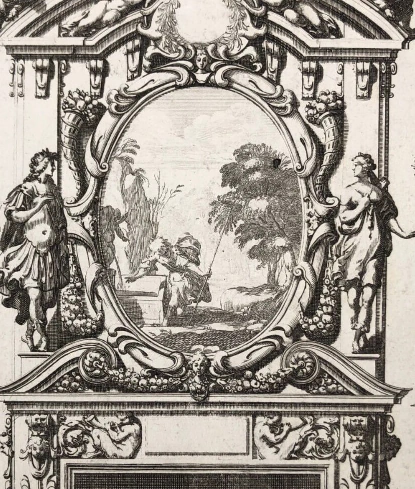 17th century Architecture, Fireplace, Sculptures x4 Etching Original Antique - 3