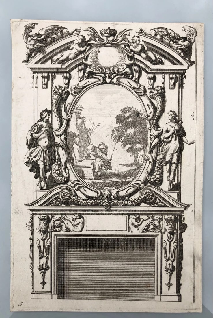 17th century Architecture, Fireplace, Sculptures x4 Etching Original Antique - 4