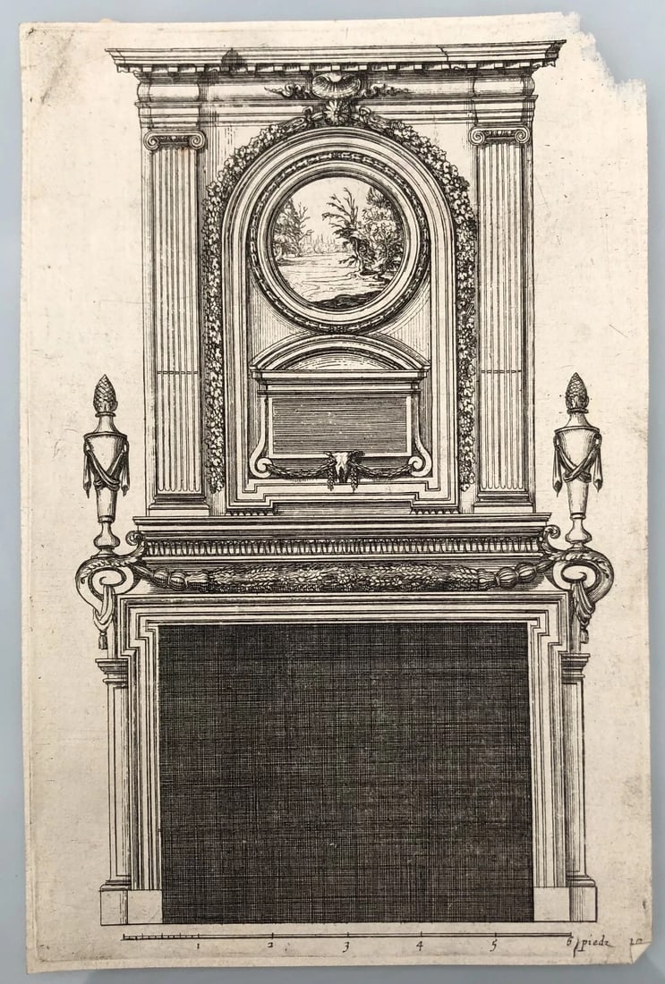 17th century Architecture, Fireplace, Sculptures x4 Etching Original Antique - 8