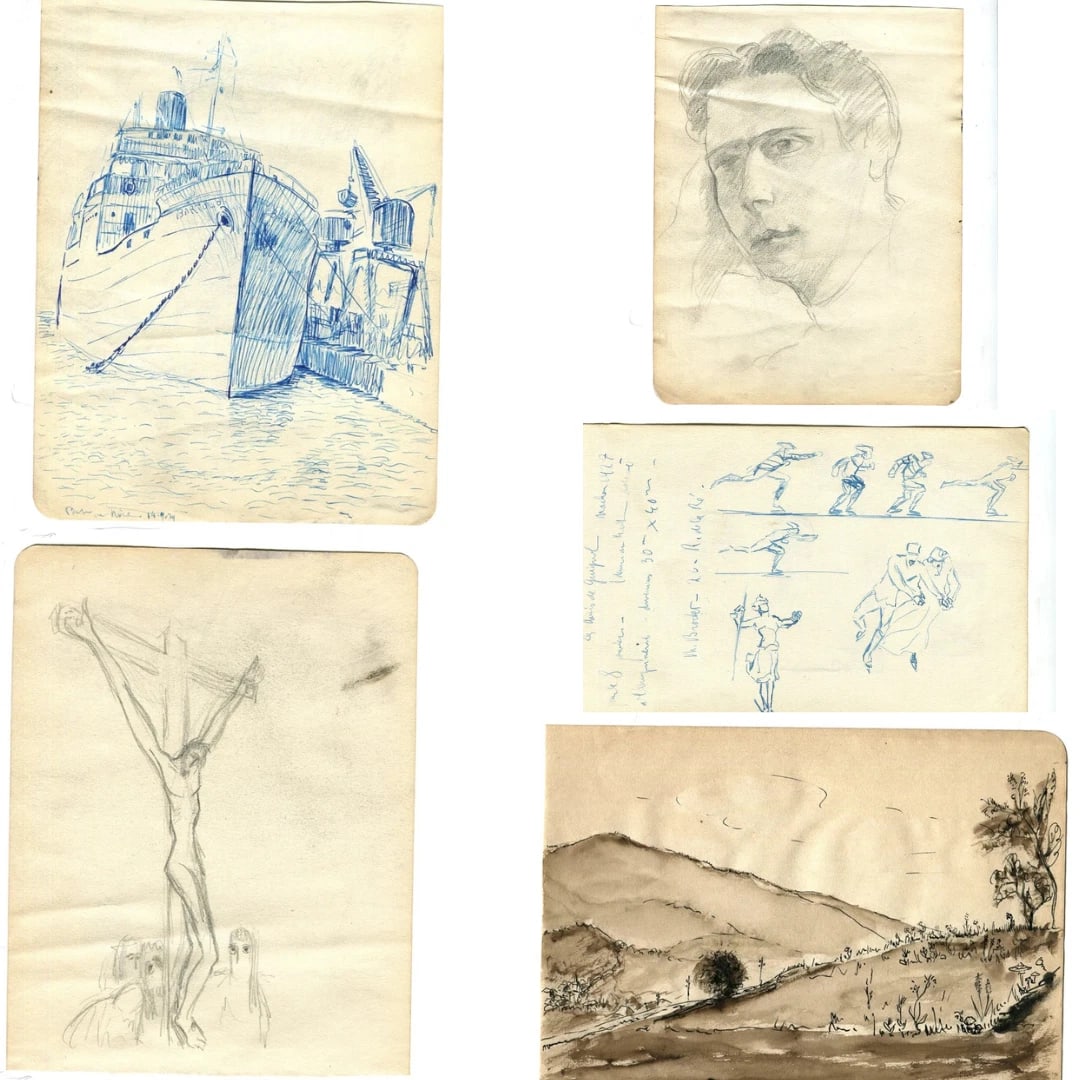 Ice Skating, Portrait, Man, Cross, Landscape - Drawing Vintage Original 1929 x5: Title: Ice Skating, Portrait, Man, Cross, Landscape - Drawing Vintage Original 1929 x5 Description: pencil/ink on paper (both sided) 18 x 23 cm / 7.08 x 9.05 inches folds, stains Reserve: $150.00 Shi