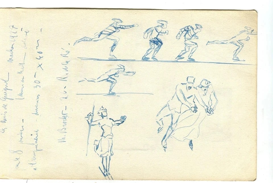 Ice Skating, Portrait, Man, Cross, Landscape - Drawing Vintage Original 1929 x5 - 4