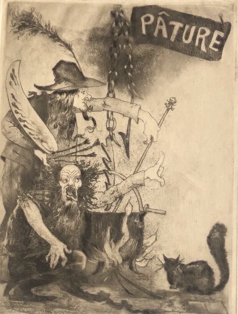 Man, Pature, Cat, Wishcraft - Etching Antique Original: Title: Man, Pature, Cat, Wishcraft - Etching Antique Original Description: Engraving on paper 31 x 22.5 cm unsigned stains Reserve: $120.00 Shipping: Domestic: Flat-rate of $29 to anywhe